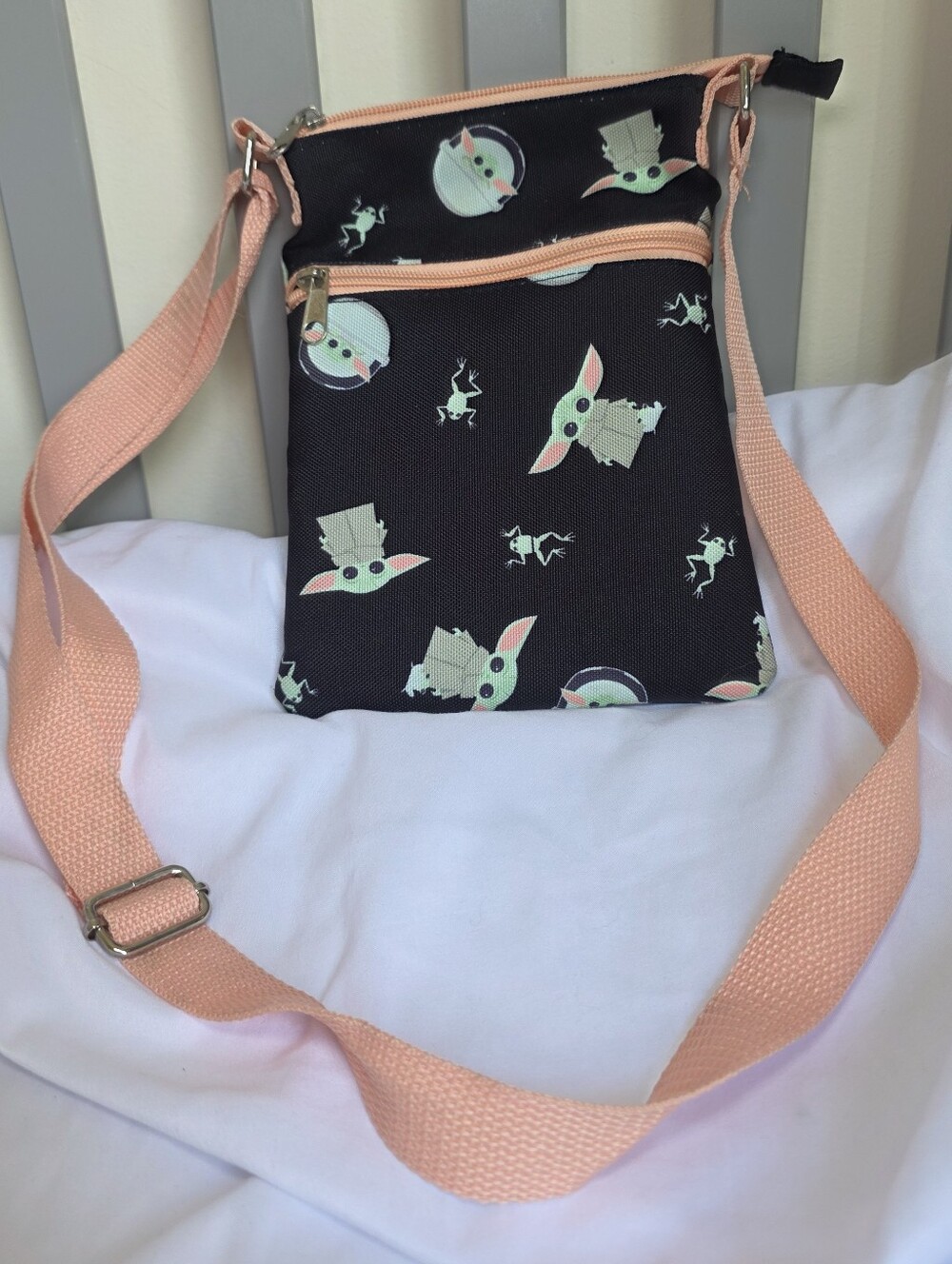 BioWorld Star Wars Baby Yoda Canvas Crossbody Bag With Peach Strap